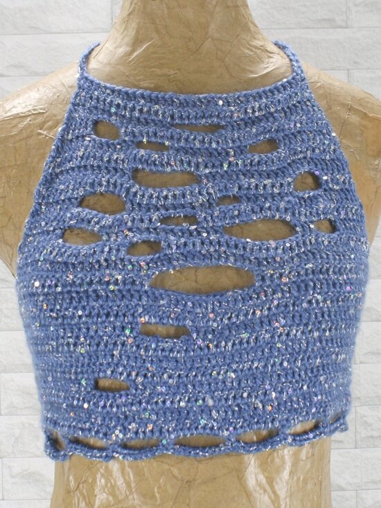 Hand Crafted Tops - HAND CRAFTED Crop Top Crochet Cut Out Bikini Halter Festival Rave Metallic Blue